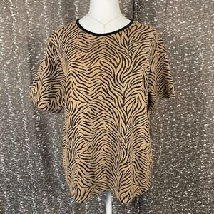 Vintage Teddi Shirt Tan/Black Zebra Print Short Sleeve Women's Large